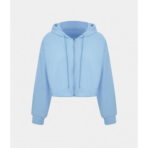 Waffle Hooded Drawstring Zipper Cropped Casual Sports Sweatshirt