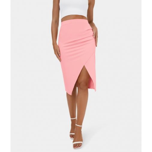 Ruched Split Hem Bodycon Midi Casual Skirt